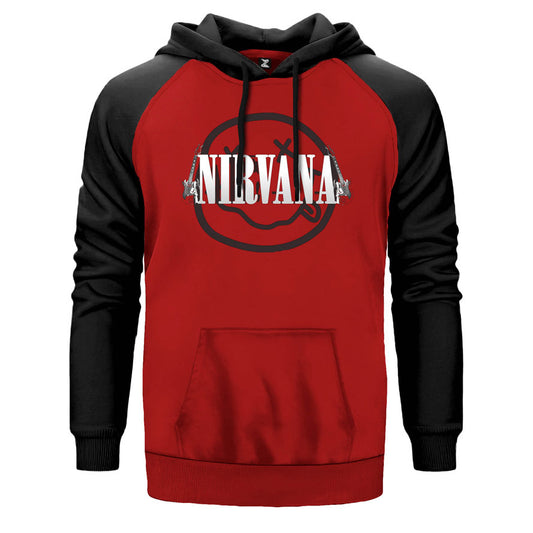 Nirvana Guitar çift renk reglan kol kapşonlu sweatshirt - kırmızı