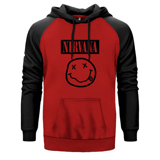 Nirvana Smile çift renk reglan kol kapşonlu sweatshirt - kırmızı
