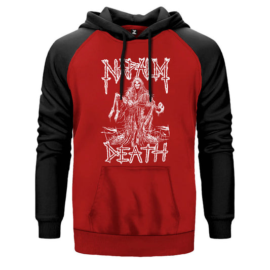 Napalm Death Skeleton çift renk reglan kol kapşonlu sweatshirt - kırmızı