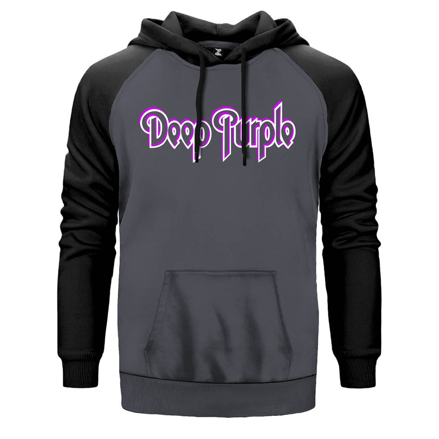 Deep Purple Logo Outline çift renk reglan kol kapşonlu sweatshirt - gri
