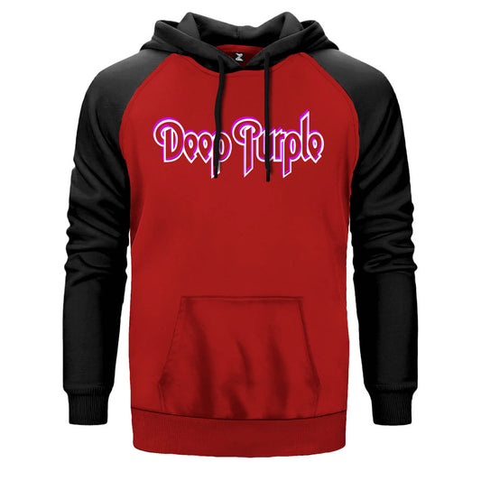 Deep Purple Logo Outline çift renk reglan kol kapşonlu sweatshirt - kırmızı