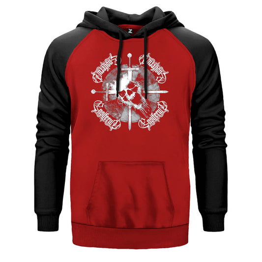 Ensiferum Skull çift renk reglan kol kapşonlu sweatshirt - kırmızı