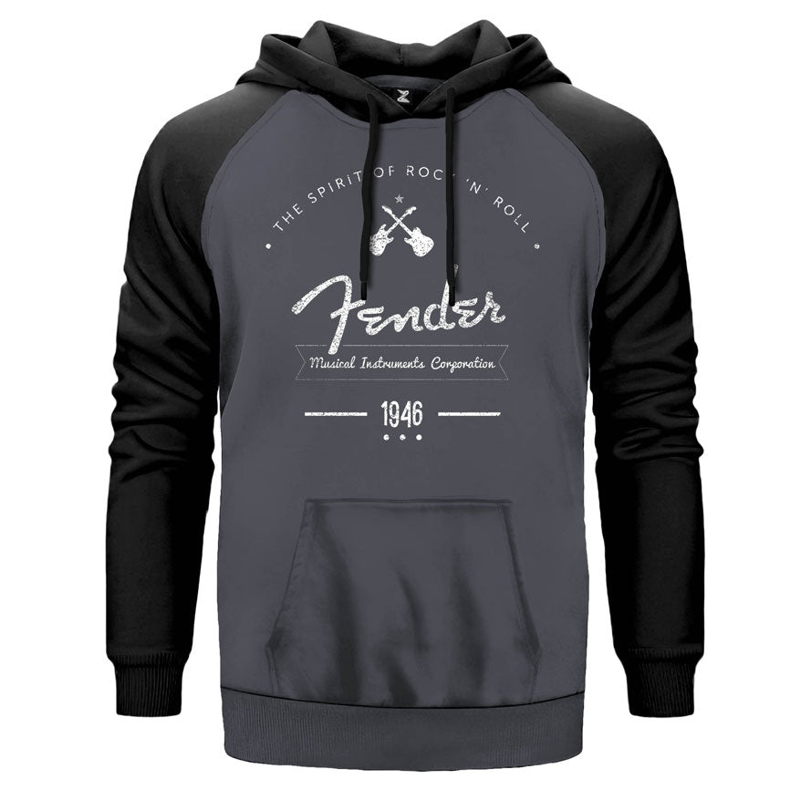 Fender Logo 4 çift renk reglan kol kapşonlu sweatshirt - gri