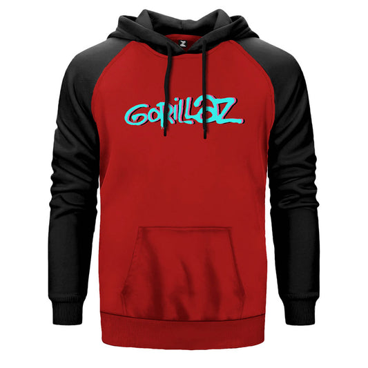 Gorillaz çift renk reglan kol kapşonlu sweatshirt - kırmızı
