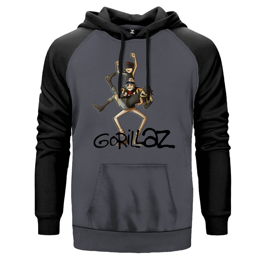 Gorillaz Cartoon çift renk reglan kol kapşonlu sweatshirt - gri