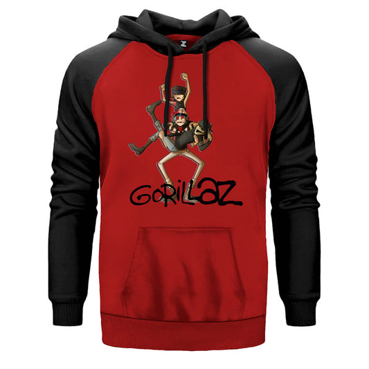 Gorillaz Cartoon çift renk reglan kol kapşonlu sweatshirt - kırmızı