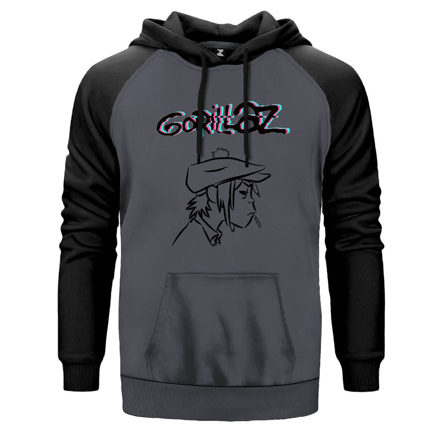 Gorillaz Head çift renk reglan kol kapşonlu sweatshirt - gri