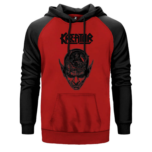 Kreator in Head çift renk reglan kol kapşonlu sweatshirt - kırmızı