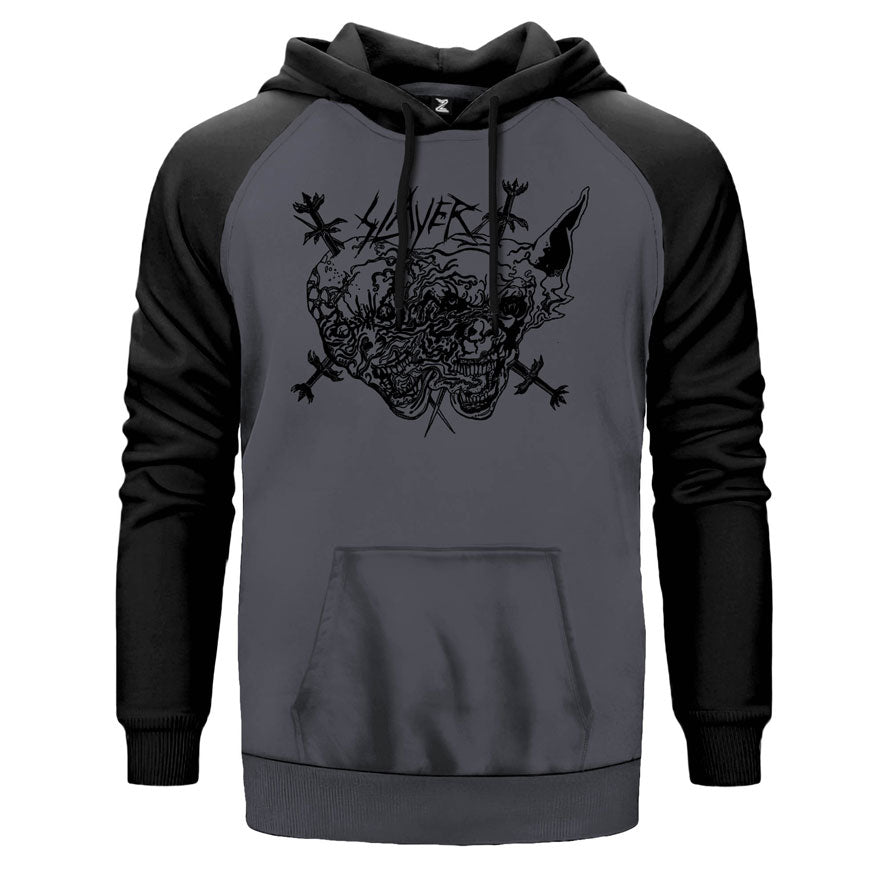 Slayer Cartoon Skull çift renk reglan kol kapşonlu sweatshirt - gri