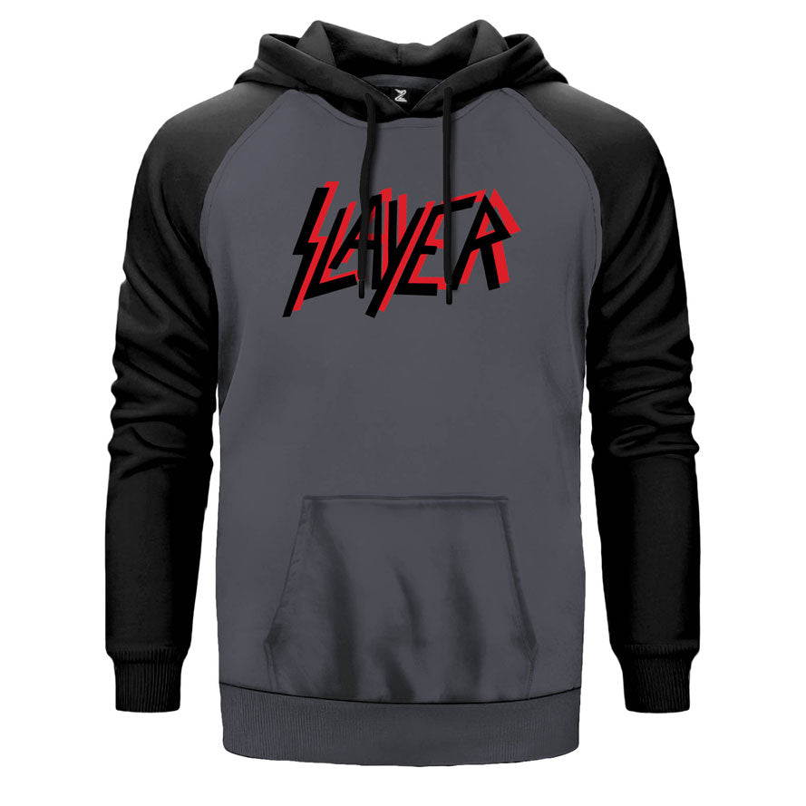 Slayer Flat Logo çift renk reglan kol kapşonlu sweatshirt - gri