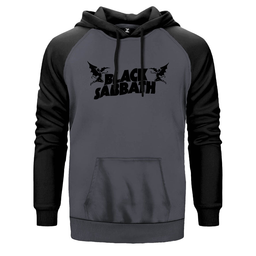 Black Sabbath Logo çift renk reglan kol kapşonlu sweatshirt - gri
