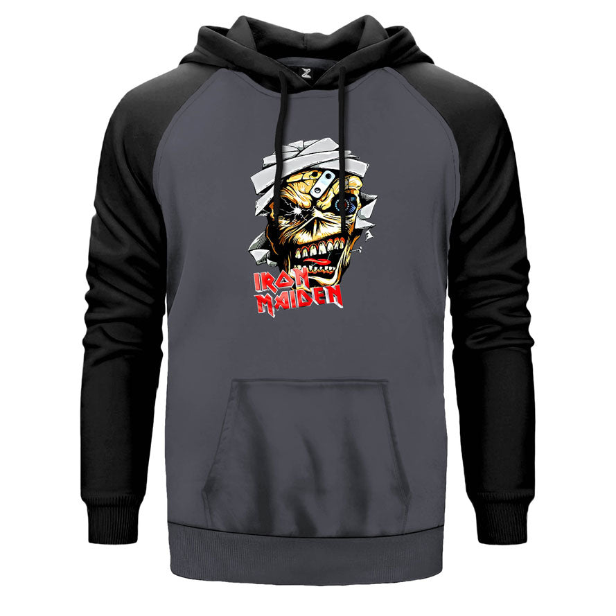 Iron Maiden Skull Cartoon çift renk reglan kol kapşonlu sweatshirt - gri