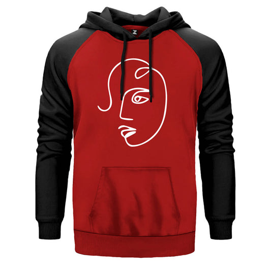 Yüz Artwork çift renk reglan kol kapşonlu sweatshirt - kırmızı