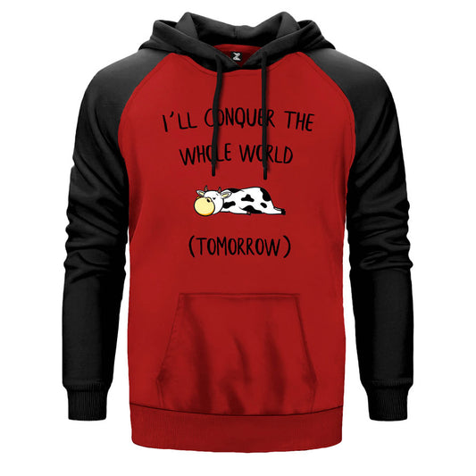 Tomorrow Cow çift renk reglan kol kapşonlu sweatshirt - kırmızı