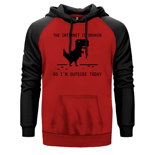 The Internet is Broken çift renk reglan kol kapşonlu sweatshirt - kırmızı