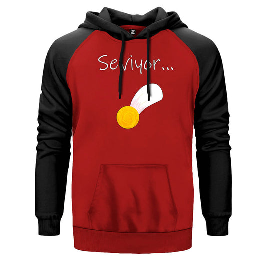 Seviyor Papatya çift renk reglan kol kapşonlu sweatshirt - kırmızı