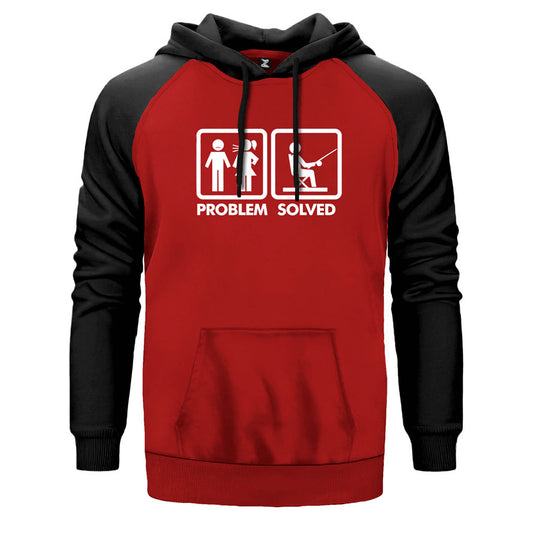 Problem Sloved Balıkçı çift renk reglan kol kapşonlu sweatshirt - kırmızı