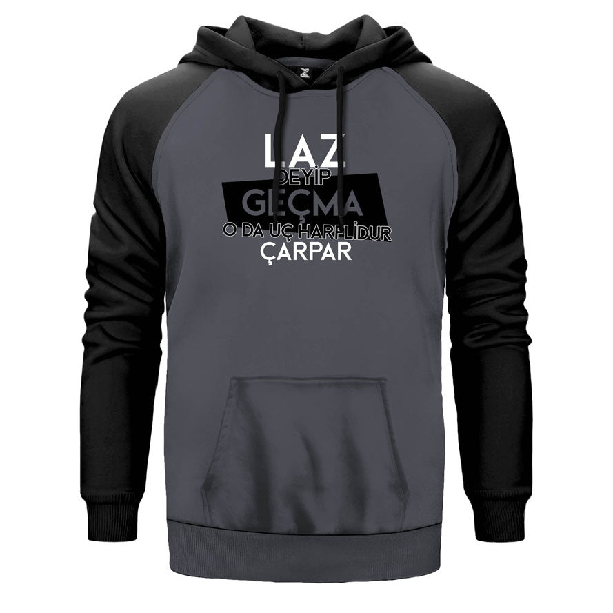 Laz Deyip Geçma çift renk reglan kol kapşonlu sweatshirt - gri