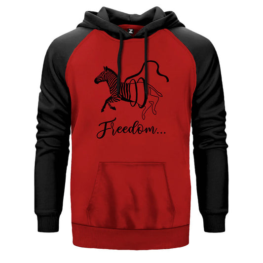 Freedom Zebra çift renk reglan kol kapşonlu sweatshirt - kırmızı