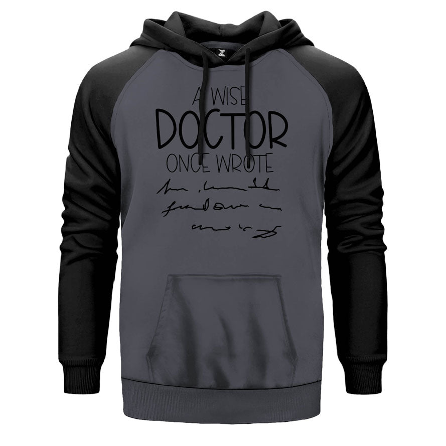 Doktor Yazısı çift renk reglan kol kapşonlu sweatshirt - gri