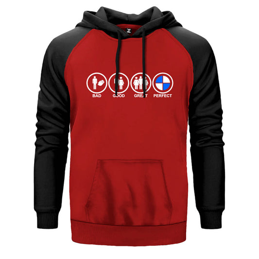 Bad Good Gread Perfect çift renk reglan kol kapşonlu sweatshirt - kırmızı