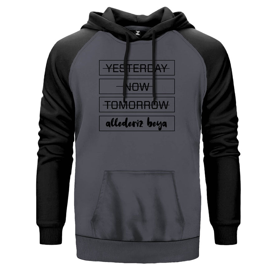 Allederiz Beya çift renk reglan kol kapşonlu sweatshirt - gri