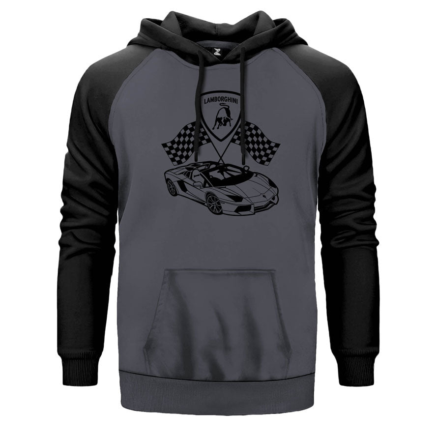 Lamborghini For Racing çift renk reglan kol kapşonlu sweatshirt - gri