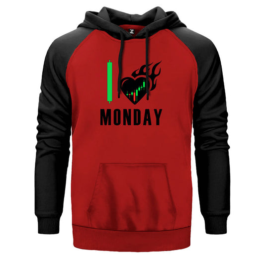 Kripto Para Pazartesi çift renk reglan kol kapşonlu sweatshirt - kırmızı