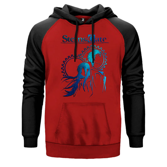 Steins Gate çift renk reglan kol kapşonlu sweatshirt - kırmızı