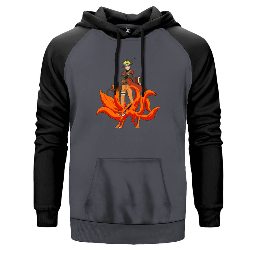 Naruto Kyubie çift renk reglan kol kapşonlu sweatshirt - gri