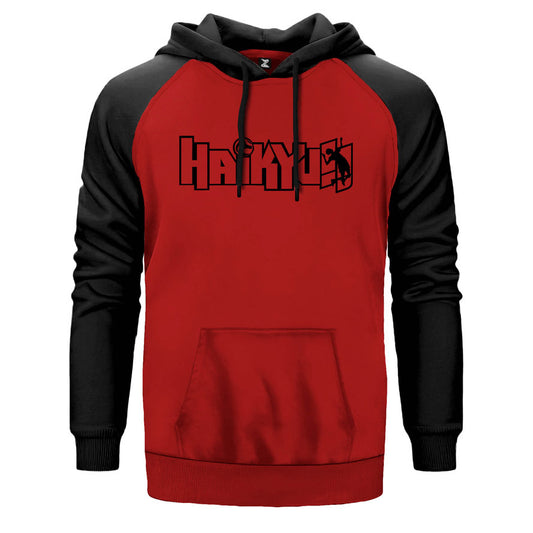 Haikyu çift renk reglan kol kapşonlu sweatshirt - kırmızı