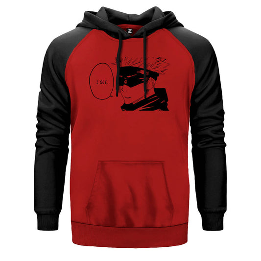 Gojou Satoru I See çift renk reglan kol kapşonlu sweatshirt - kırmızı