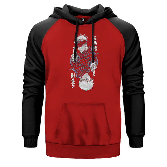 Gojo Satoru Jujutsu çift renk reglan kol kapşonlu sweatshirt - kırmızı