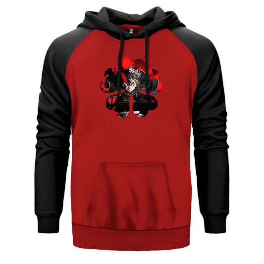 Black Clover Five Clover çift renk reglan kol kapşonlu sweatshirt - kırmızı