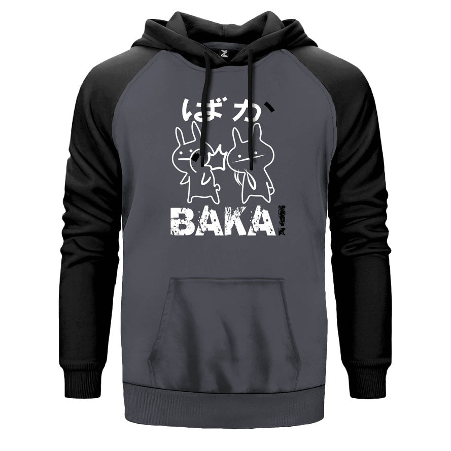 Baka çift renk reglan kol kapşonlu sweatshirt - gri