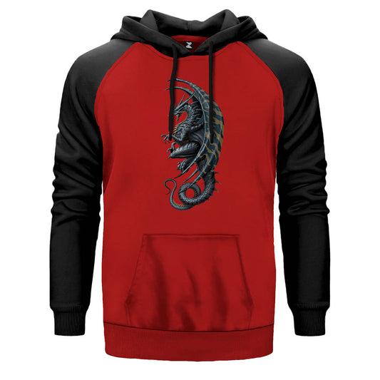 Kadim Ejderha çift renk reglan kol kapşonlu sweatshirt - kırmızı
