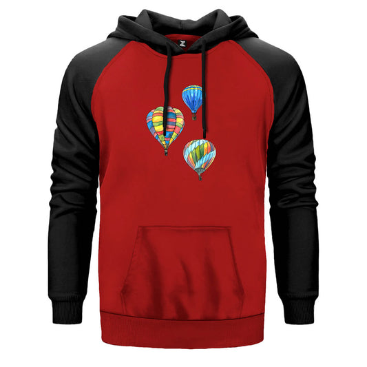 Kapadokya Balonları çift renk reglan kol kapşonlu sweatshirt - kırmızı