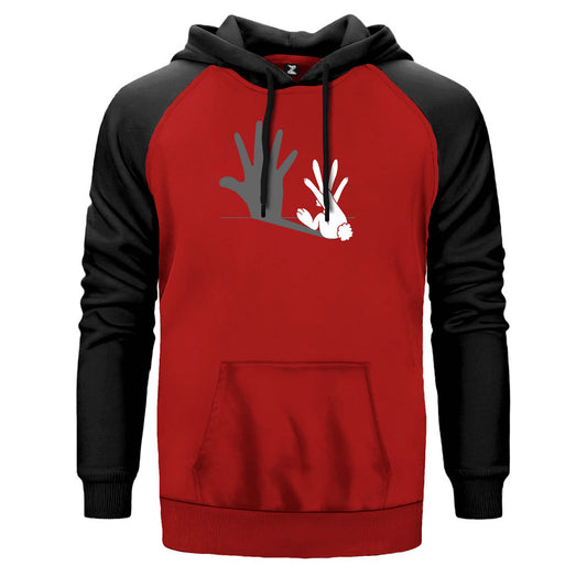 Tavşan El Şovu çift renk reglan kol kapşonlu sweatshirt - kırmızı