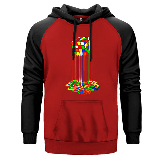 Rubix Cube Rainbow çift renk reglan kol kapşonlu sweatshirt - kırmızı