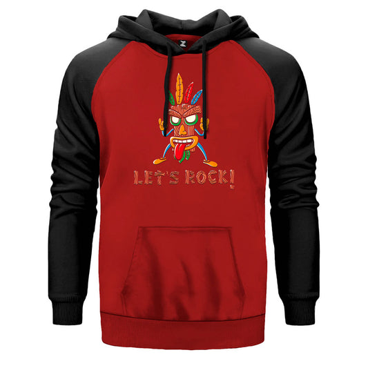 Lets Rock çift renk reglan kol kapşonlu sweatshirt - kırmızı