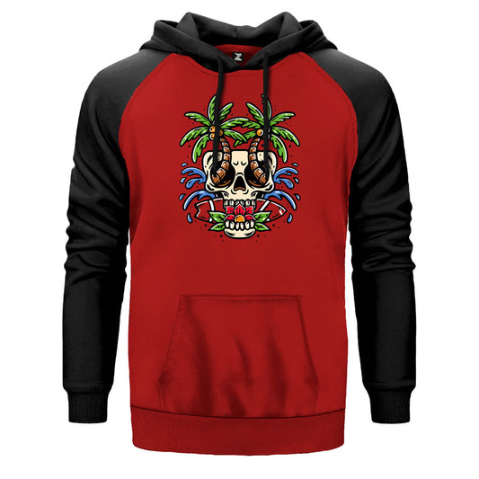 Kuru Kafa Plajı çift renk reglan kol kapşonlu sweatshirt - kırmızı