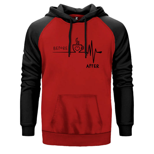 Kahve Öncesi Sonrası çift renk reglan kol kapşonlu sweatshirt - kırmızı