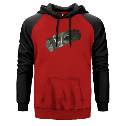 Alien Behind Glass çift renk reglan kol kapşonlu sweatshirt - kırmızı