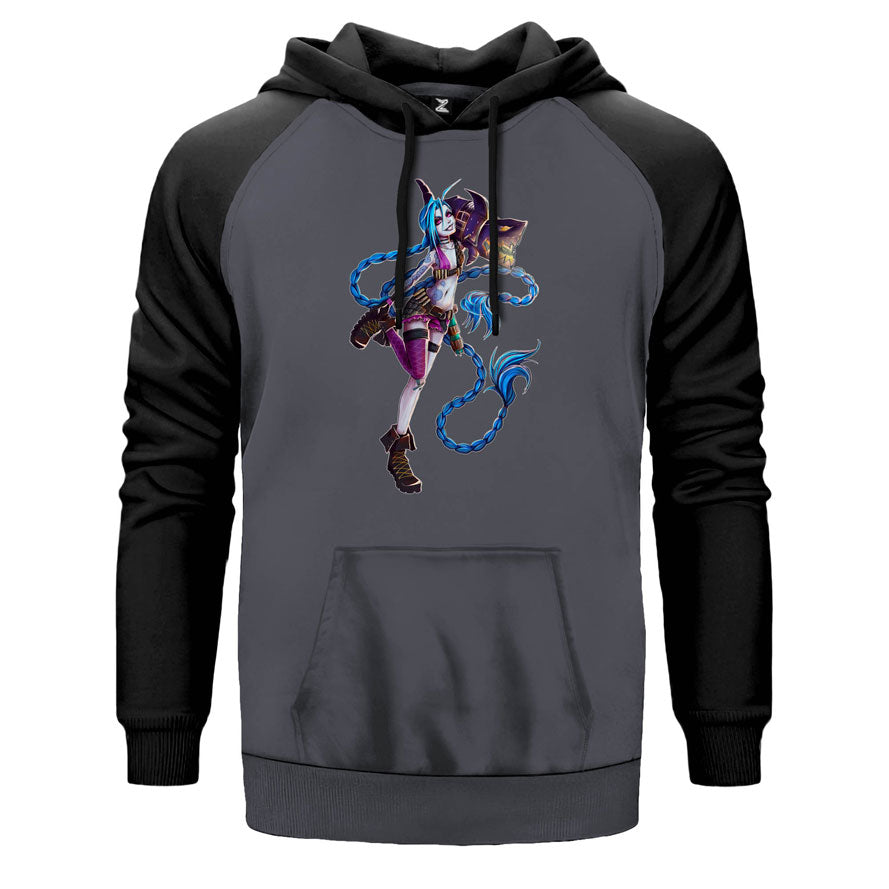 Jinx Crazy çift renk reglan kol kapşonlu sweatshirt - gri