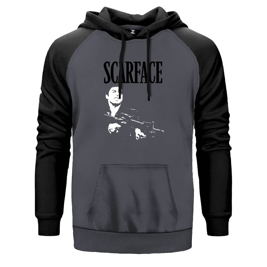 Scarface çift renk reglan kol kapşonlu sweatshirt - gri
