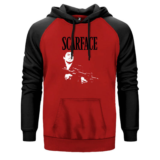 Scarface çift renk reglan kol kapşonlu sweatshirt - kırmızı