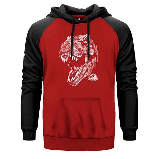 Jurassic Park Rex çift renk reglan kol kapşonlu sweatshirt - kırmızı