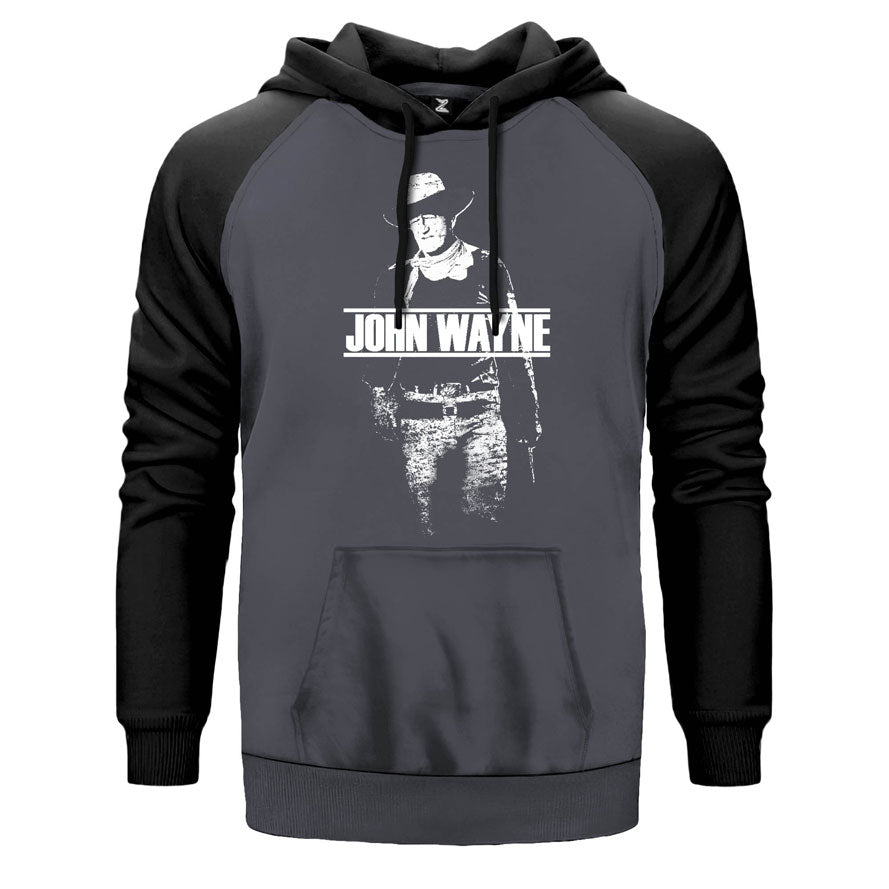 Jhon Wayne çift renk reglan kol kapşonlu sweatshirt - gri