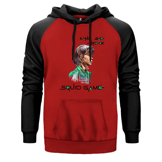 Squid Game Kang Sea-Byeok çift renk reglan kol kapşonlu sweatshirt - kırmızı
