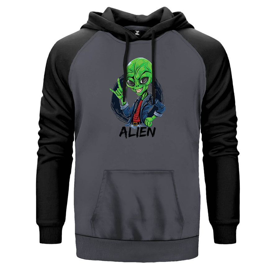 Rock Star Alien çift renk reglan kol kapşonlu sweatshirt - gri